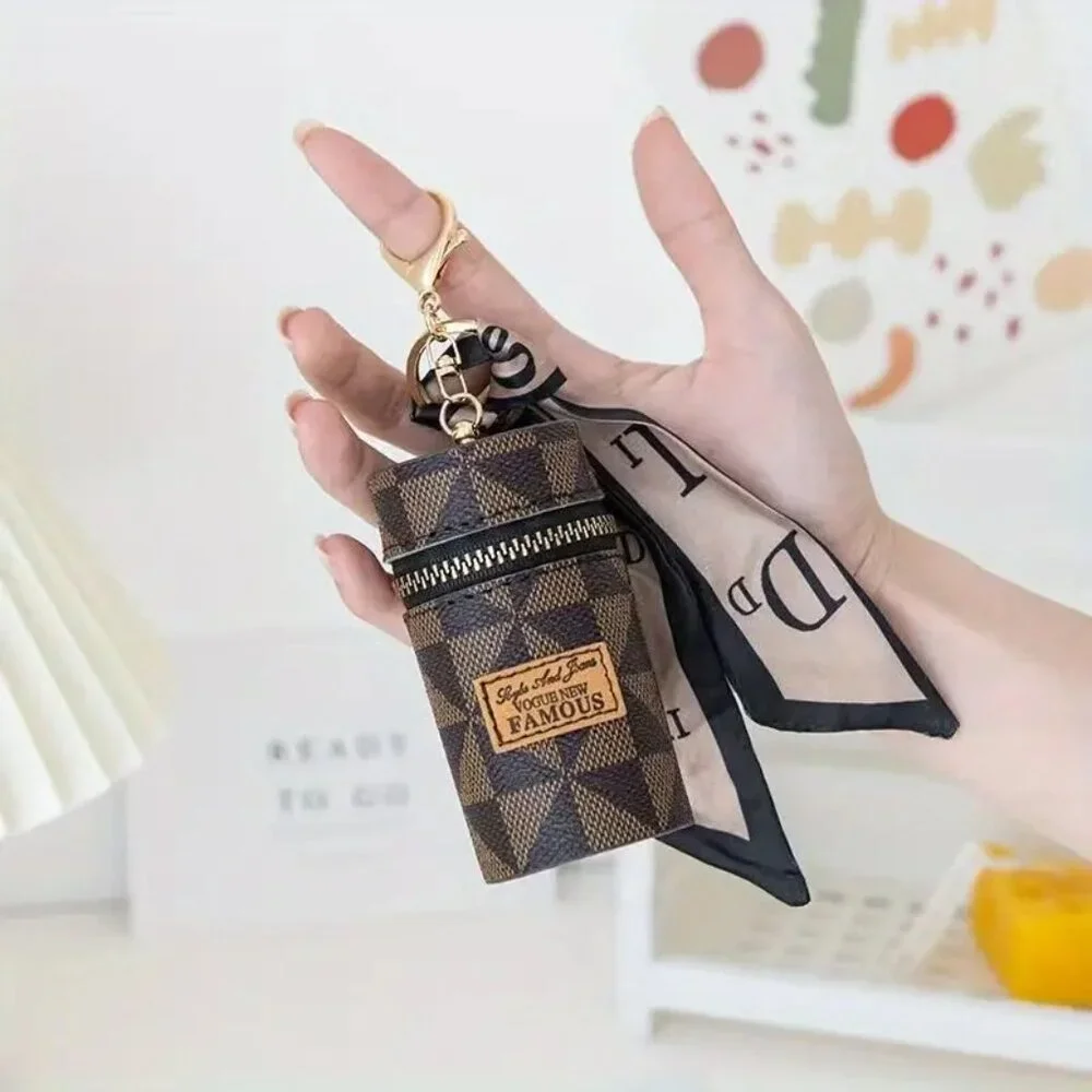Mini Bag Charm Keychain Checkered Lipstick Earbuds Holder Scarf Zipper Pouch